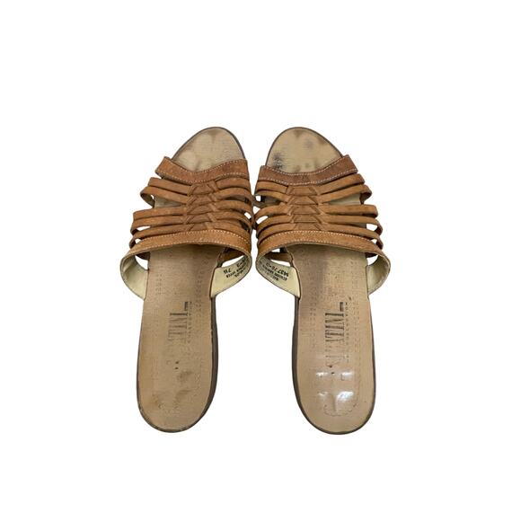 Santorini Leather Strappy Tan Neutral Preppy Minimalist 7.5 Sandals Slides EUC - Picture 1 of 4